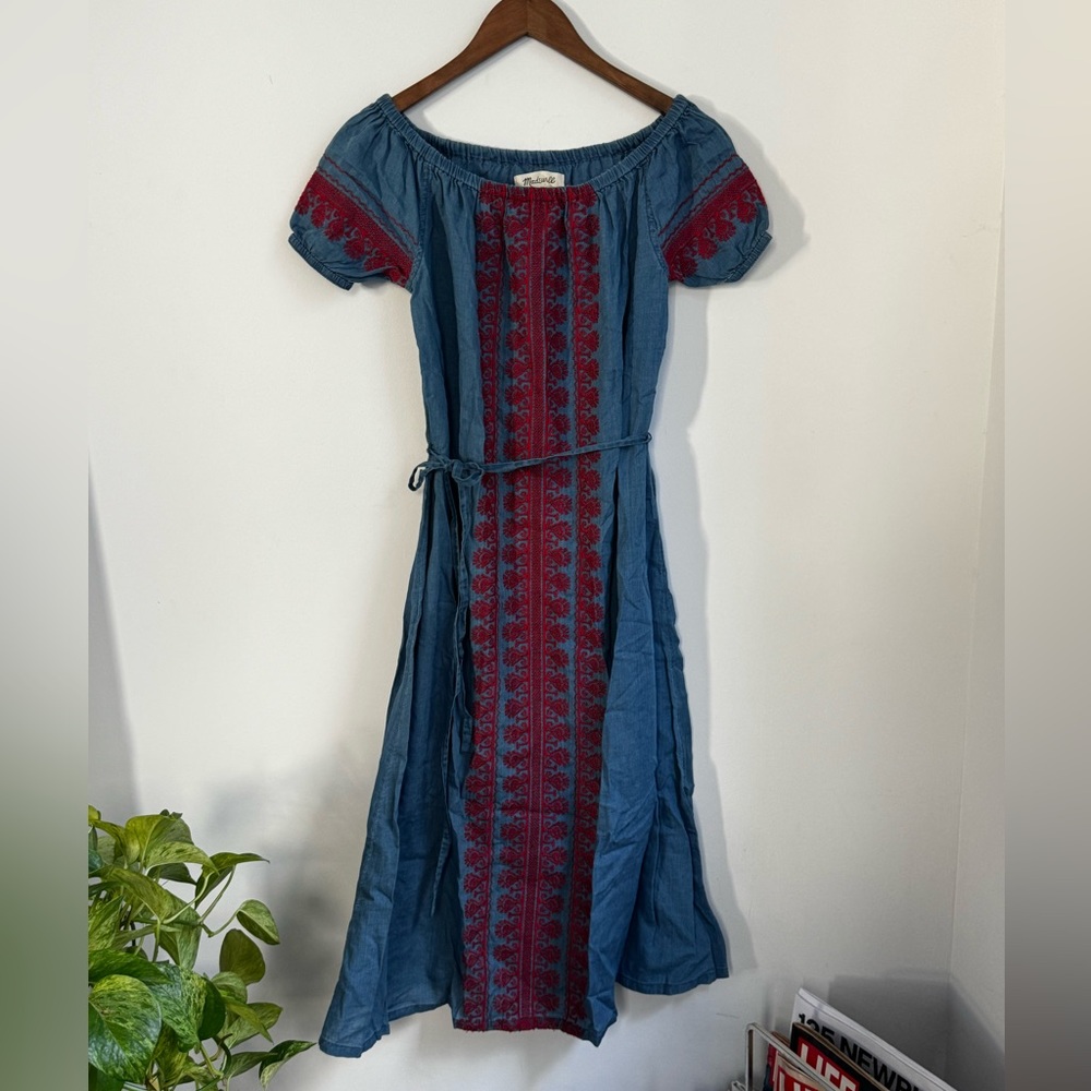 Madewell Blue and Red Off-Shoulder Midi Dress